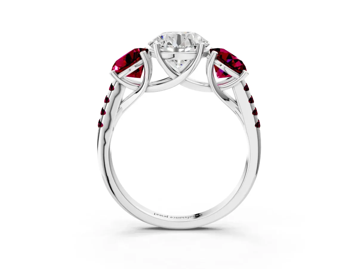 Three-Stone Round Cut Diamond Ring with Round Garnet Pavé Band and Prong Setting Platinum