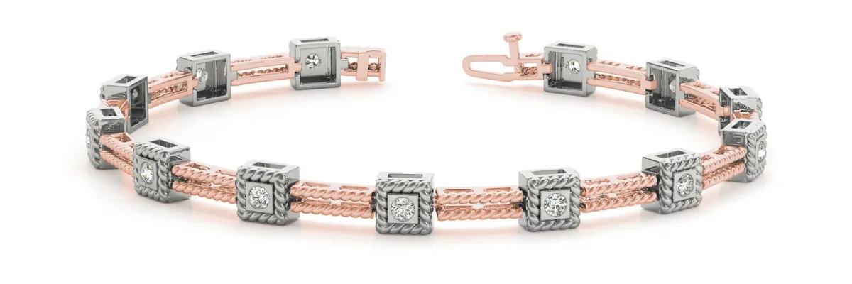 Square Bezel Set Round Diamond Rope Link Bracelet Rose gold