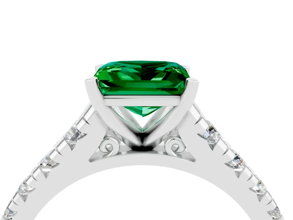Princess Cut Emerald Cathedral Solitaire Ring with Round Pavé Band Platinum