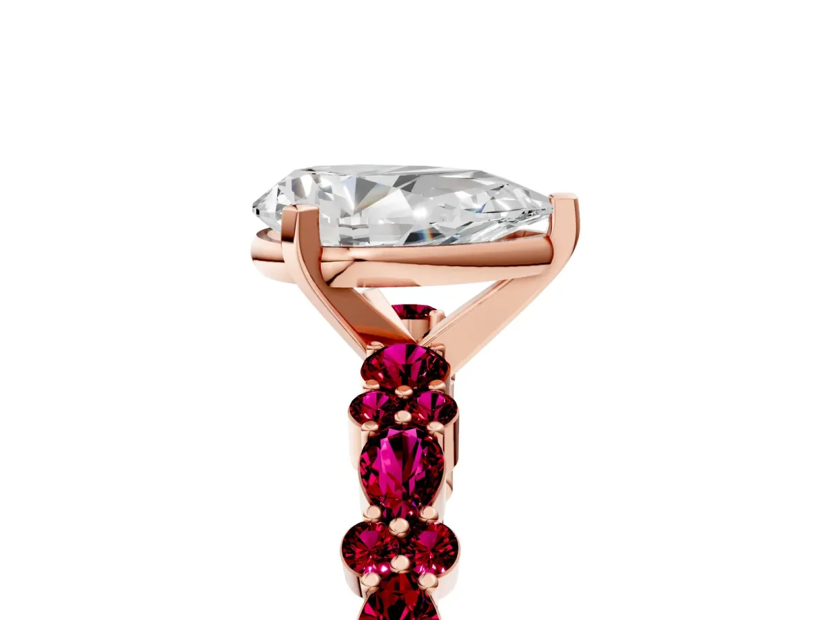 Pear Cut Diamond Side Stone Solitaire Ring with Round Garnet and Four-Prong Setting Rose gold