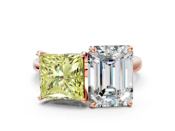 Fancy Yellow Princess Cut and Emerald Cut Toi Moi Ring with Prong Setting Rose gold