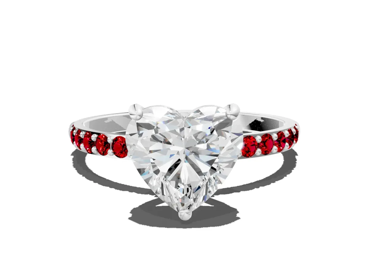 Heart Cut Diamond Solitaire Ring with Round Ruby Pavé Band and Prong Setting Silver