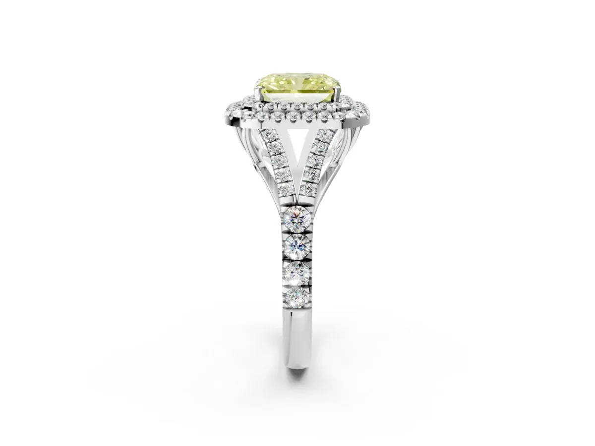 Fancy Yellow Radiant Cut Cut Double Halo Split Shank Diamond Ring with Prong Setting Platinum