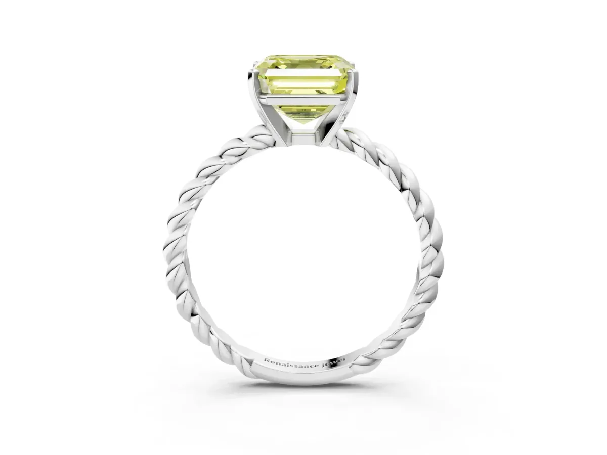 Fancy Yellow Asscher Cut Cut Solitaire Twisted Band with Four-Prong Setting Platinum