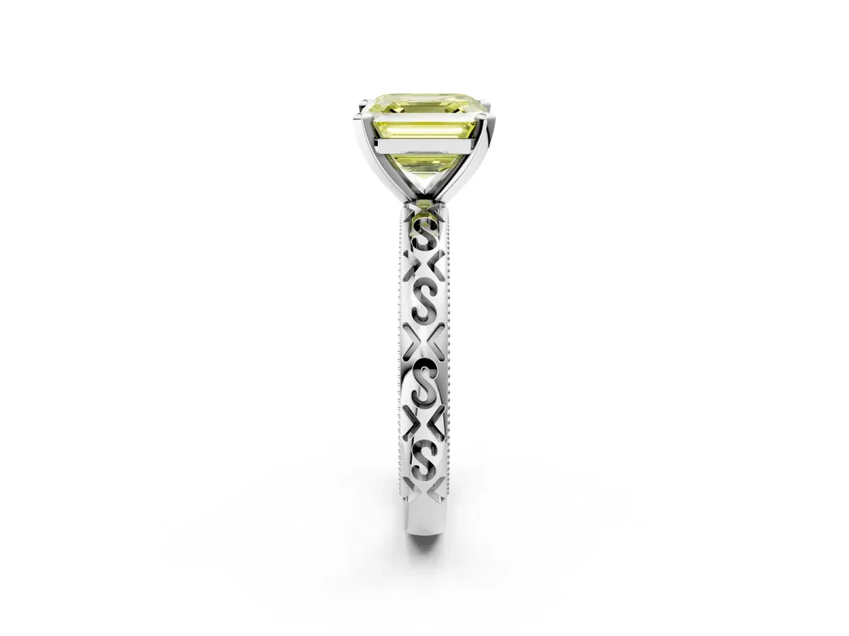 Fancy Yellow Asscher Cut Solitaire Engagement Ring with Scrollwork Band and Four-Prong Setting Platinum