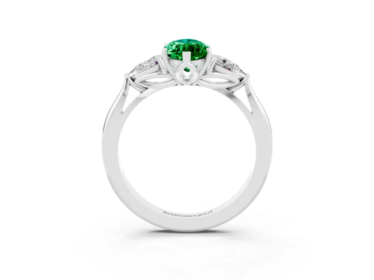 Marquise Cut Emerald Three-Stone Ring with Pear Side Stones and Prong Setting Silver