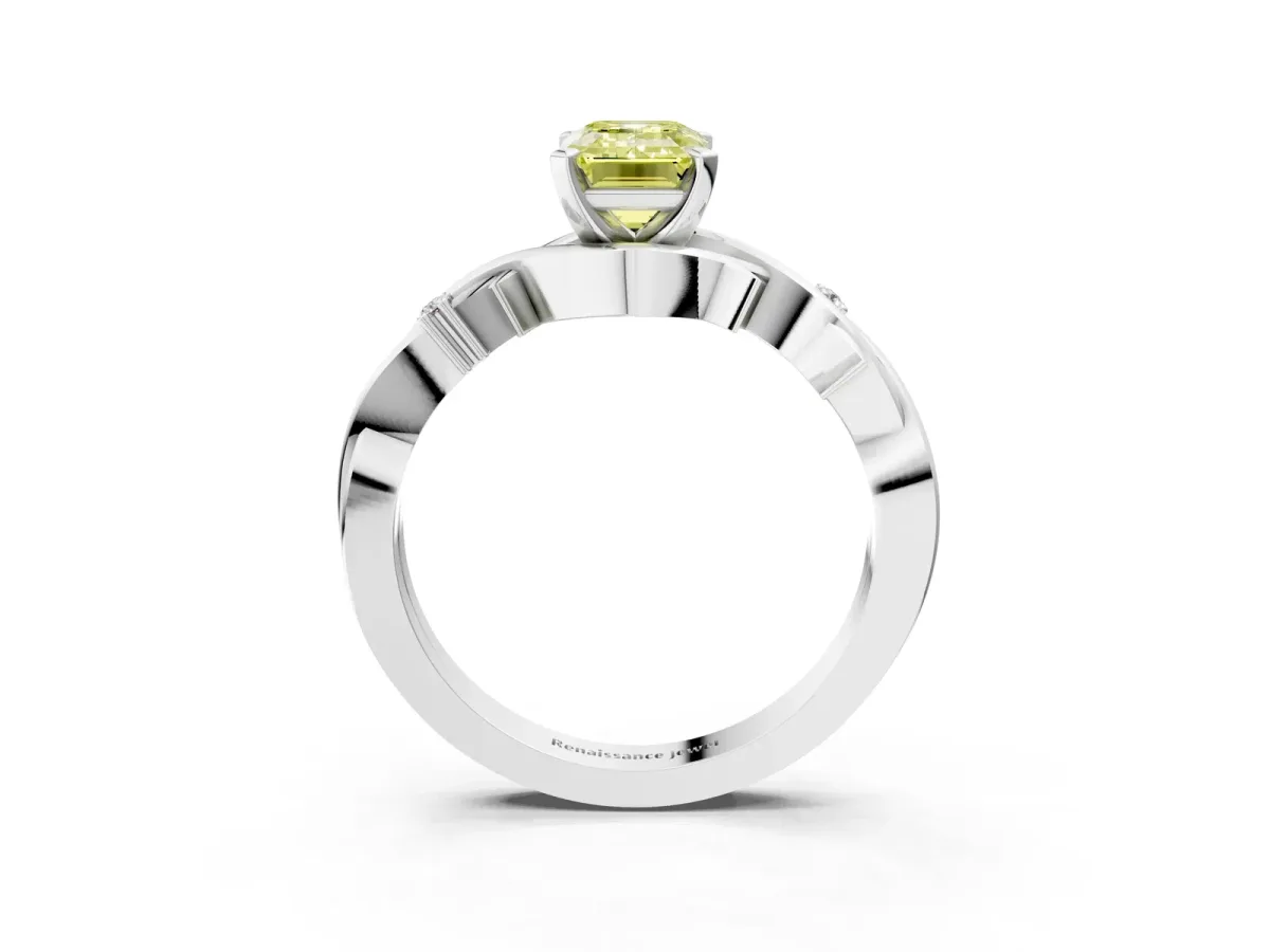Fancy Yellow Emerald Cut Diamond Solitaire Ring with Twisted Band and Prong Setting White gold
