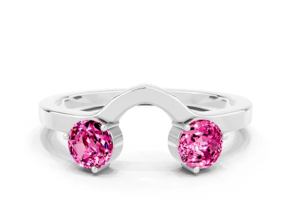 Dual Round Pink Sapphire Open Band Ring with Prong Setting Platinum