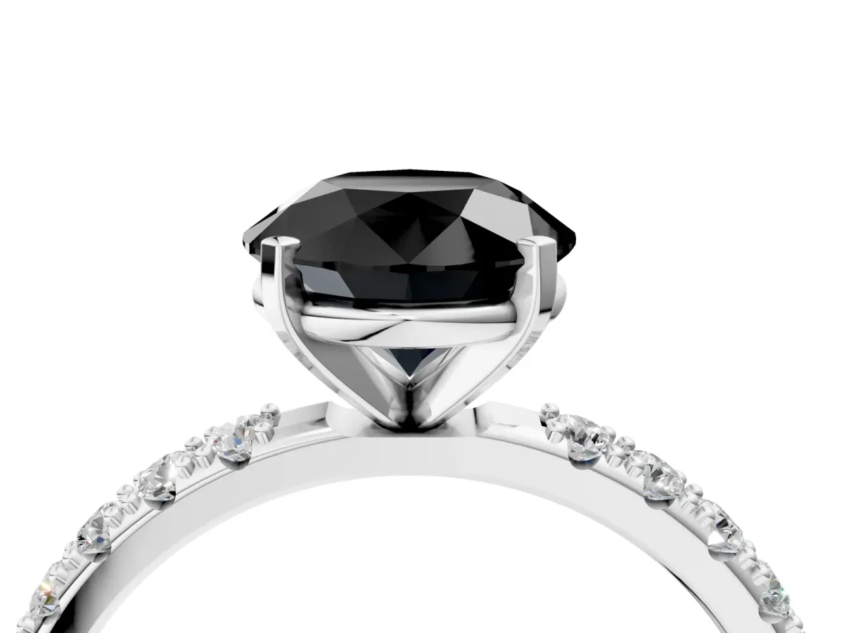 Fancy Black Round Cut Diamond Solitaire Pavé Band with Four-Prong Setting Silver