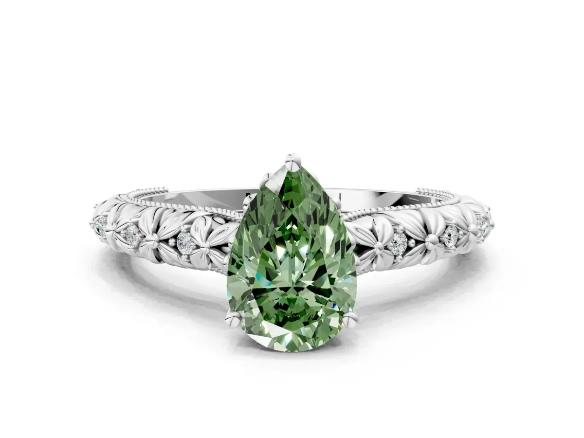 Fancy Green Pear Cut Solitaire Floral Milgrain Engagement Ring Silver