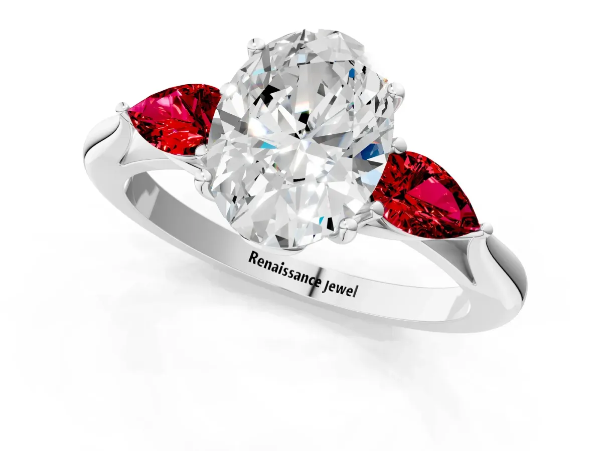 Oval Cut Diamond Three-Stone Ring with Pear Ruby Side Stones and Prong Setting White gold