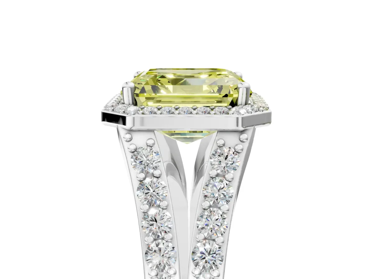 Fancy Yellow Asscher Cut Diamond Split Shank Halo Ring with Four-Prong Setting Platinum