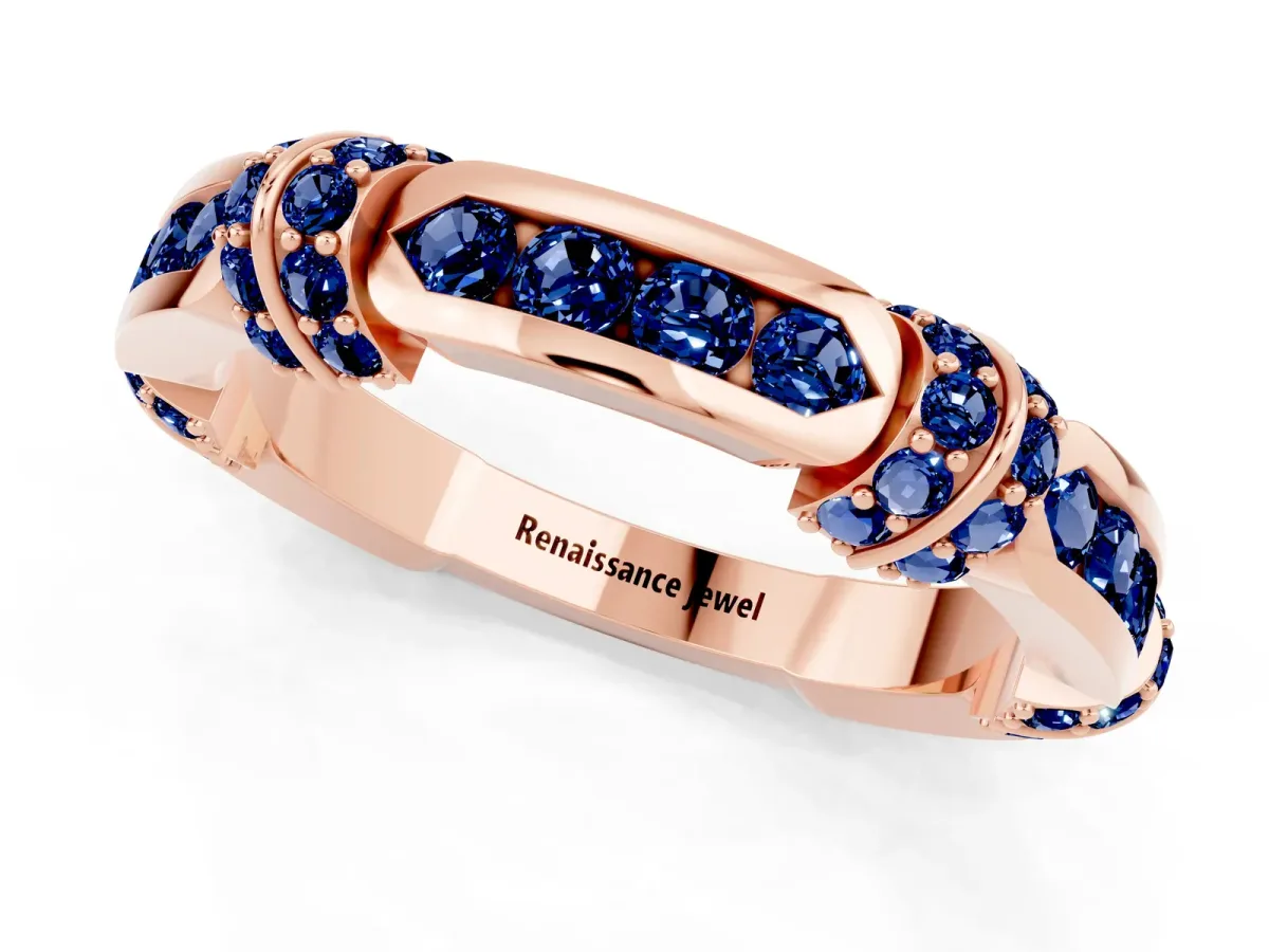Pavé Round Blue Sapphire Link Band with Bezel Setting Rose gold