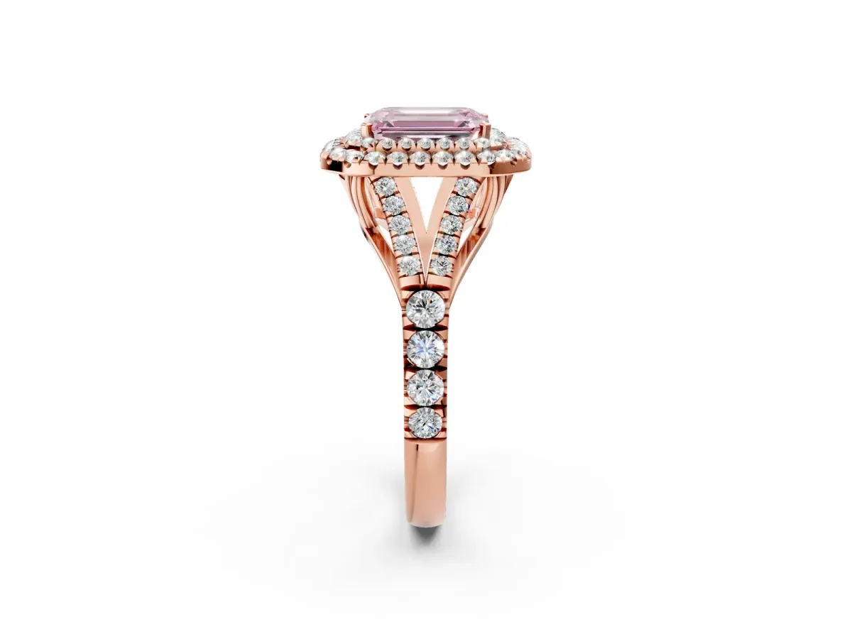 Fancy Pink Emerald Cut Diamond Double Halo Ring with Split Shank and Prong Setting Rose gold