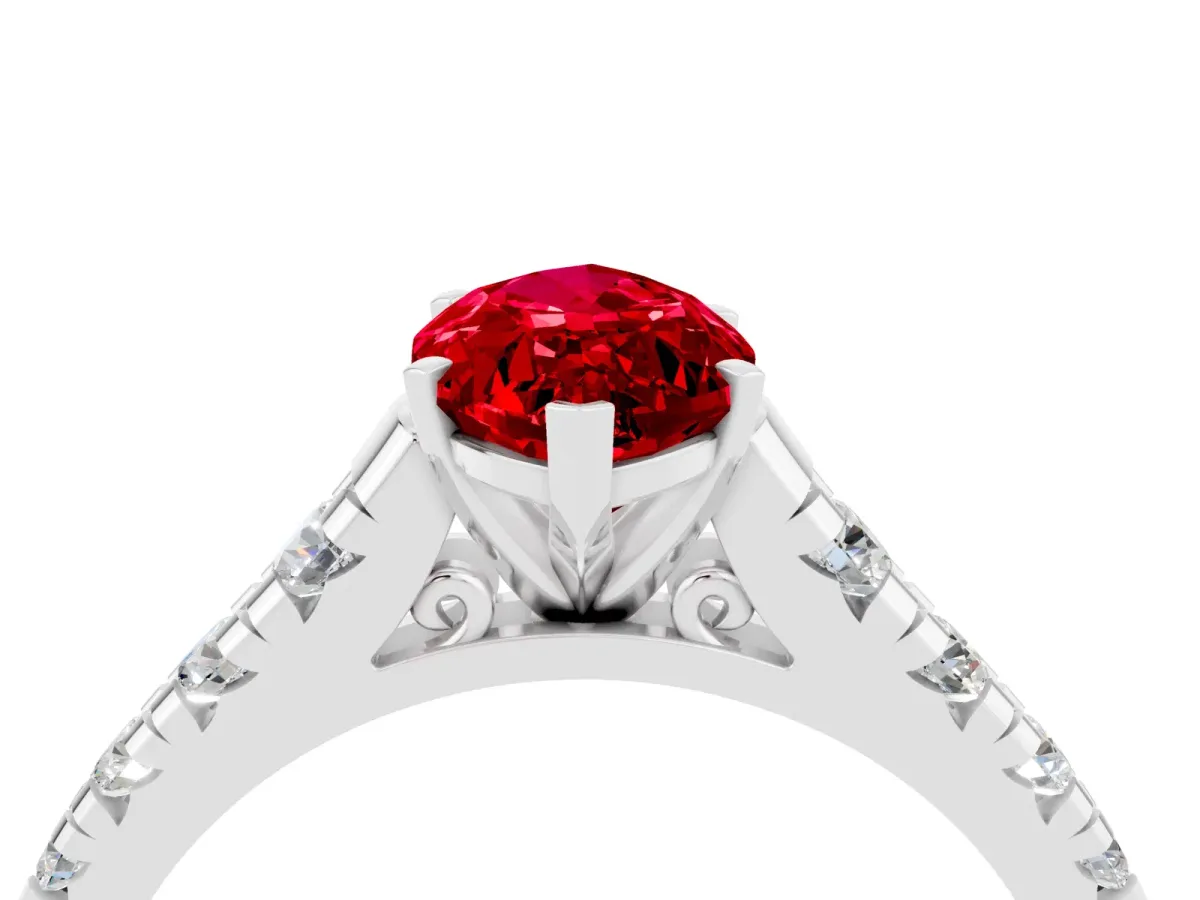 Marquise Cut Ruby Cathedral Solitaire Ring with Round Pavé Band Silver