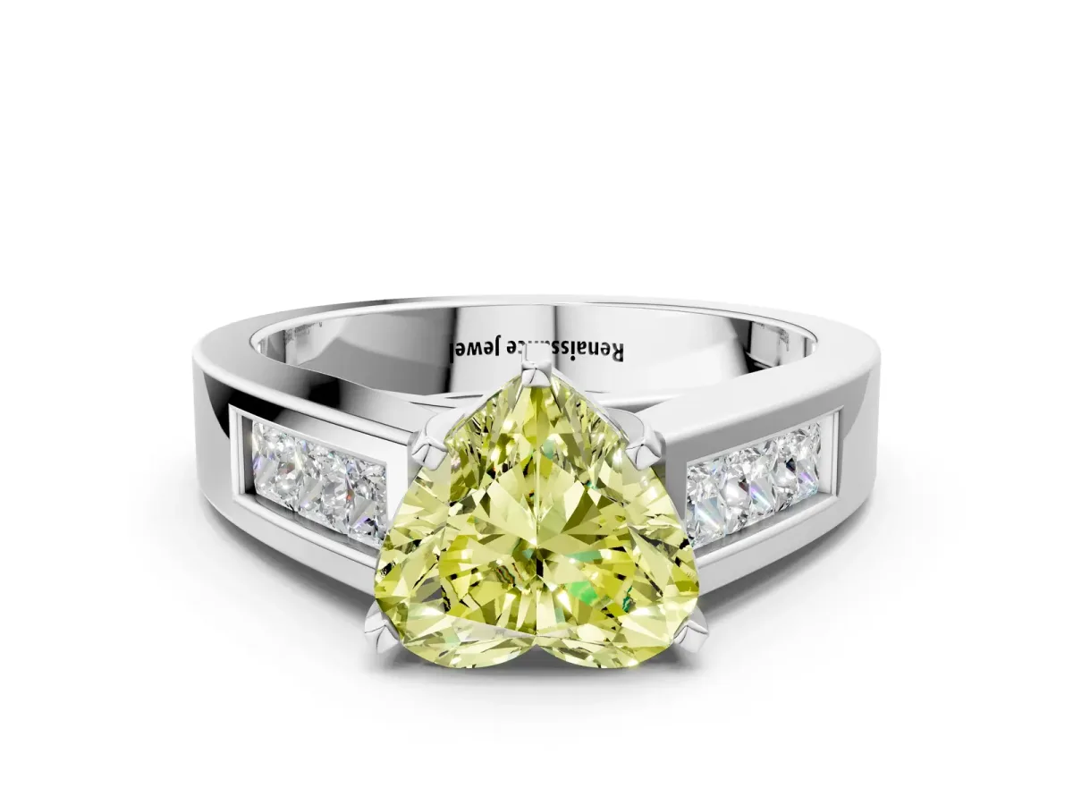 Fancy Yellow Heart Cut Cut Channel Set Solitaire Ring with Four-Prong Setting Silver