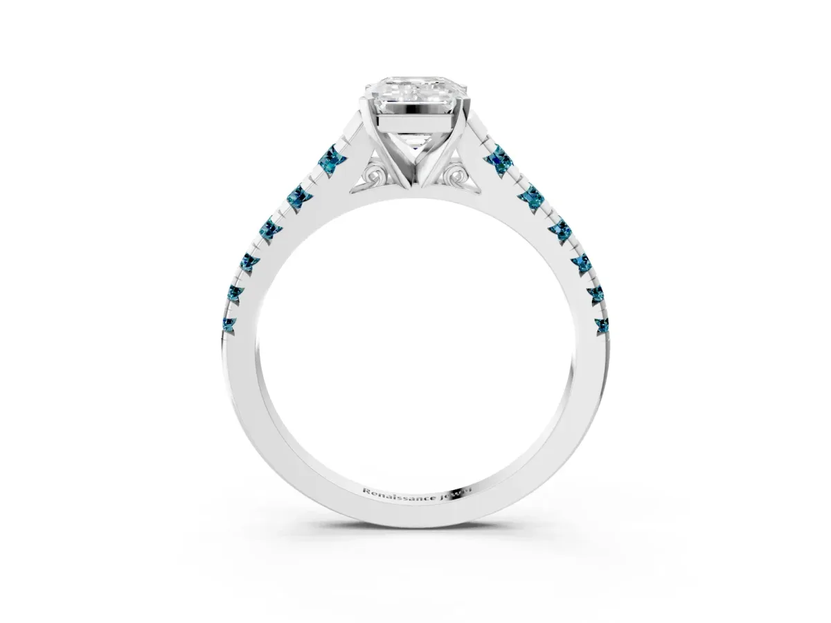 Emerald Cut Diamond Cathedral Solitaire Ring with Round Blue Topaz Pavé Band Silver