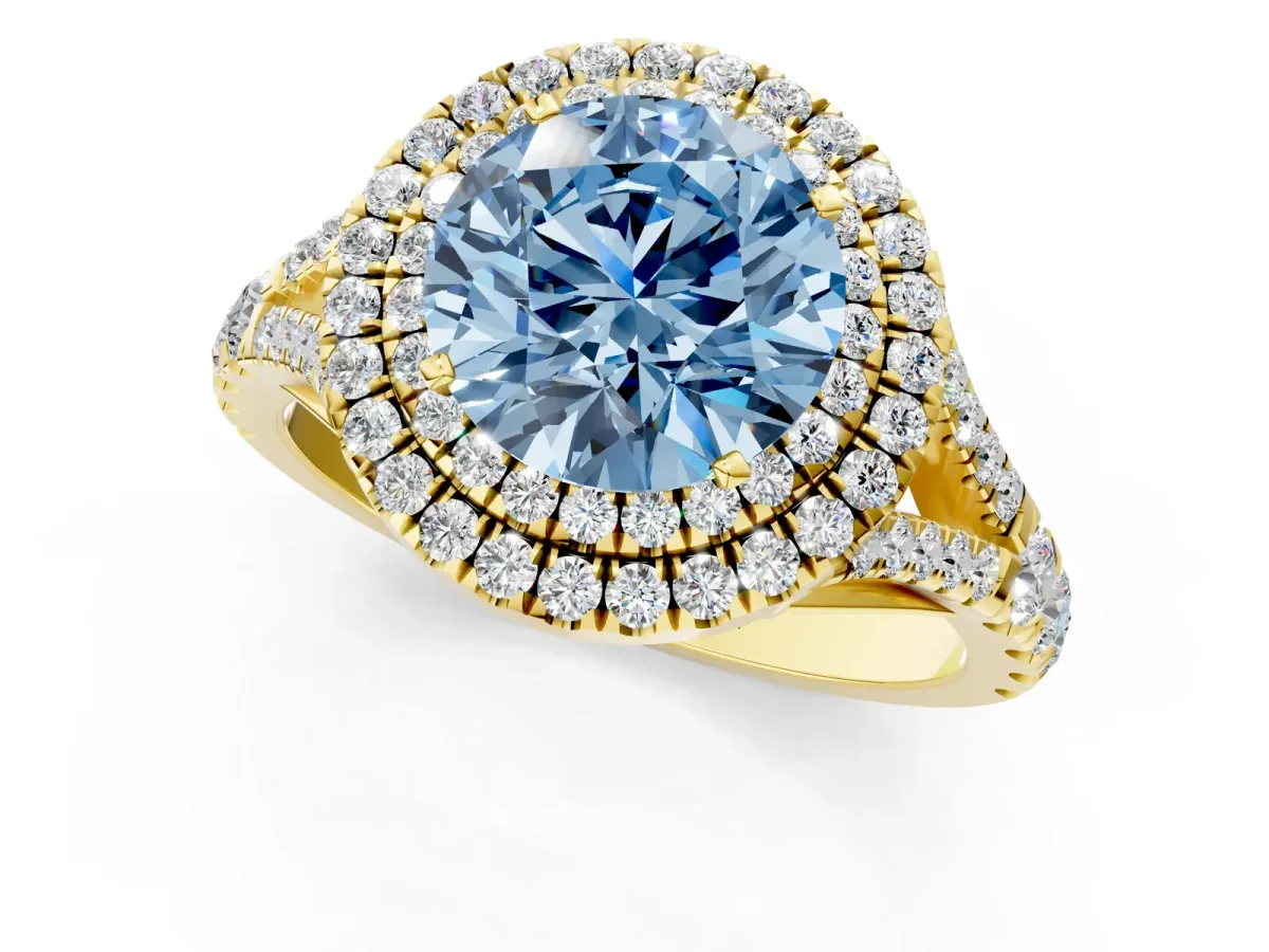 Fancy Blue Round Cut Diamond Double Halo Ring with Split Shank and Prong Setting Yellow gold