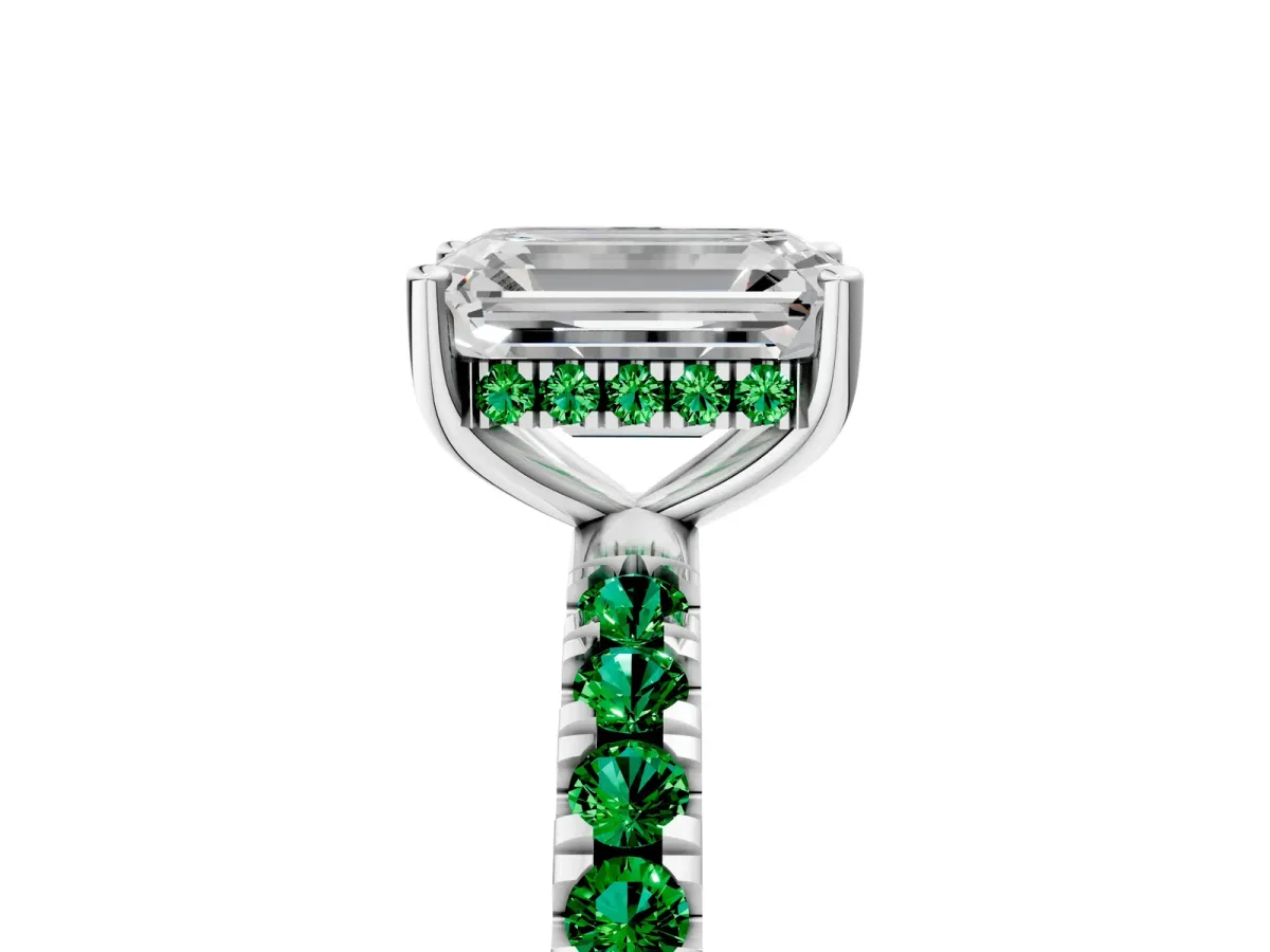 Emerald Cut Diamond Pave Band Solitaire Ring with Round Emerald and Prong Setting Silver