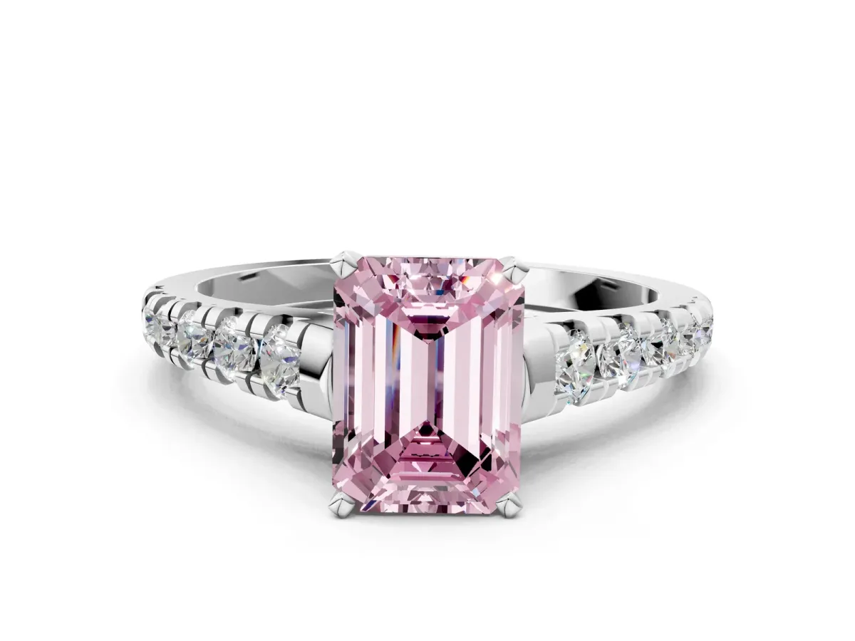 Fancy Pink Emerald Cut Diamond Cathedral Solitaire Ring with Round Pavé Band Silver