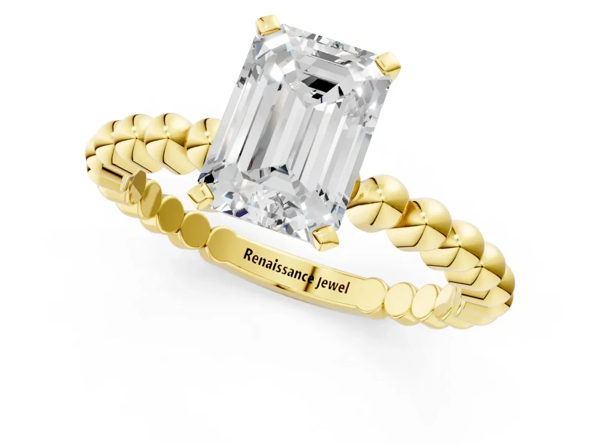 Emerald Cut Diamond Solitaire Ring with Beaded Band and Prong Setting Yellow gold