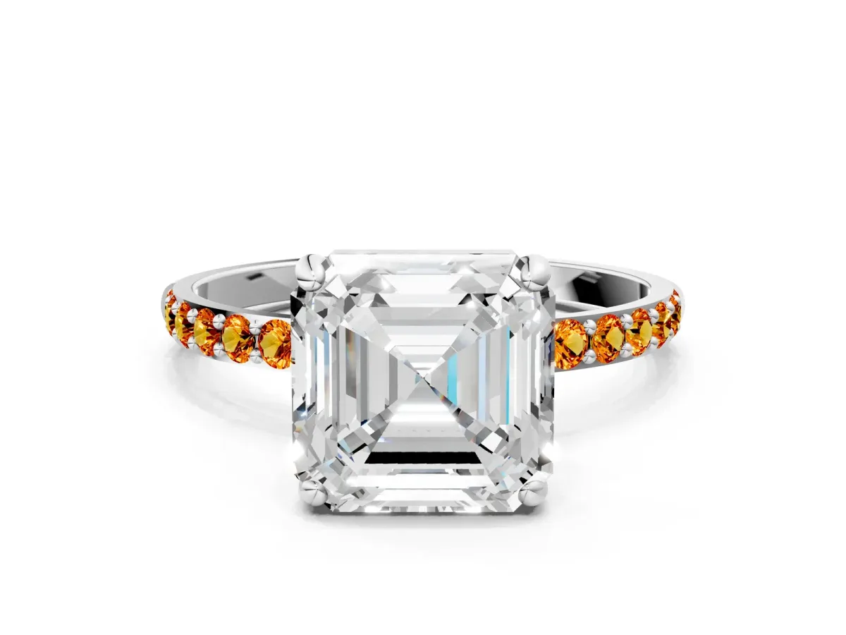 Asscher Cut Diamond Solitaire Ring with Round Citrine Pavé Band and Prong Setting Silver