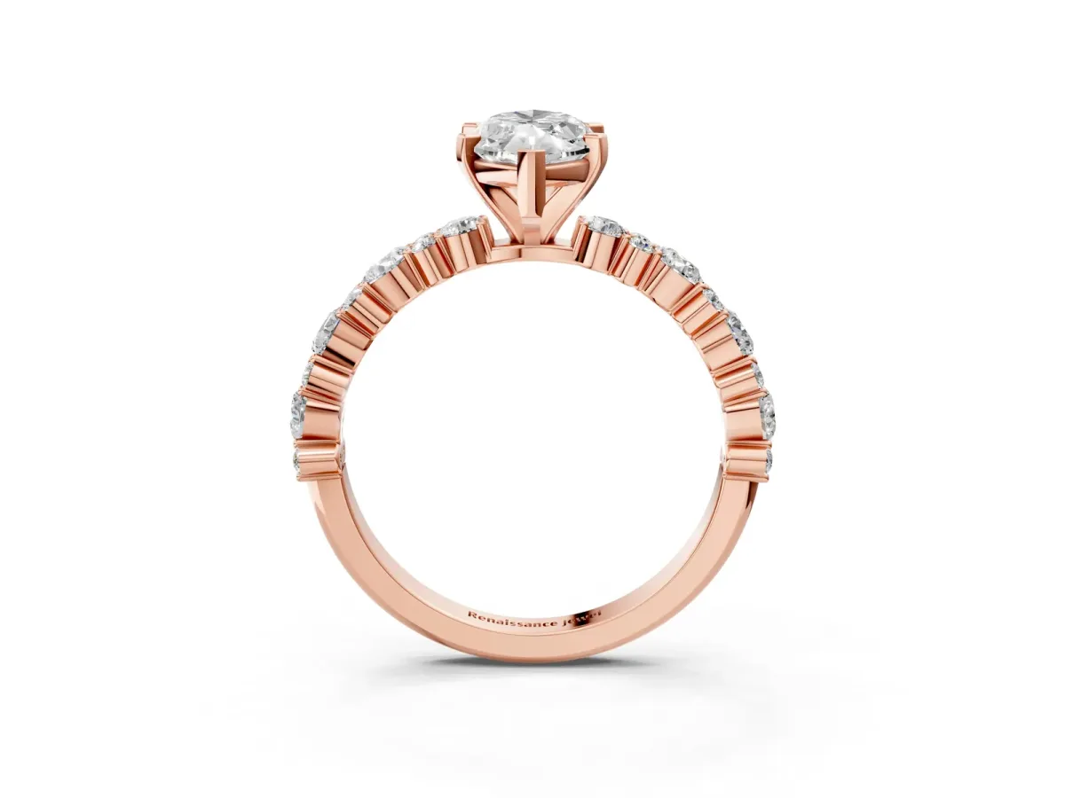 Marquise Cut Diamond Side Stone Solitaire Ring with Round and Four-Prong Setting Rose gold