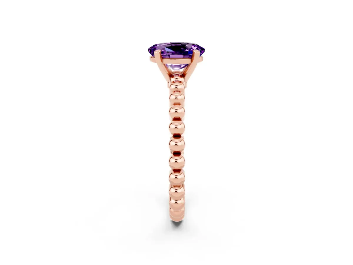 Oval Cut Amethyst Solitaire Ring with Beaded Band and Prong Setting Rose gold