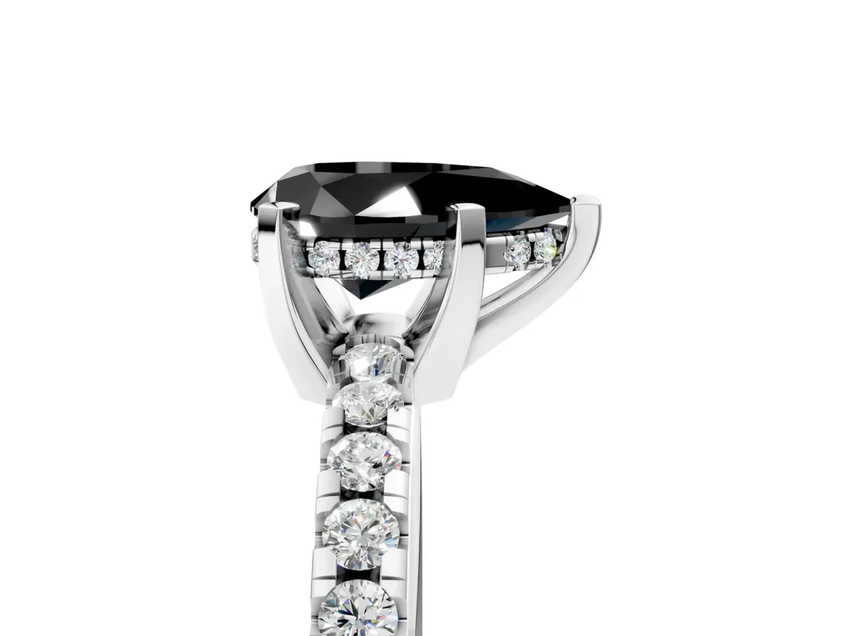 Fancy Black Pear Cut Diamond Solitaire Ring with Round Pavé Band and Four-Prong Setting Silver