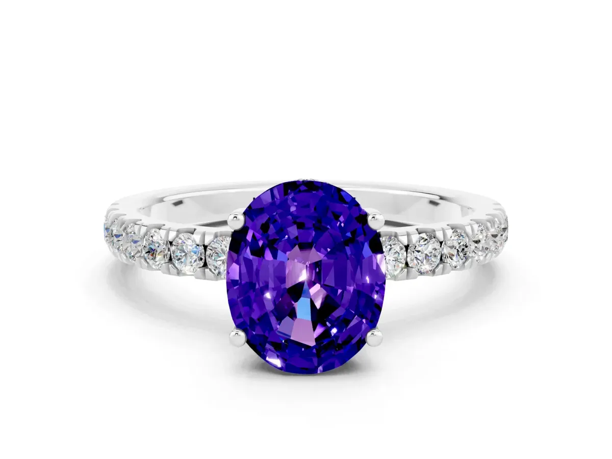 Oval Cut Tanzanite Pave Band Solitaire Ring with Round and Prong Setting Platinum