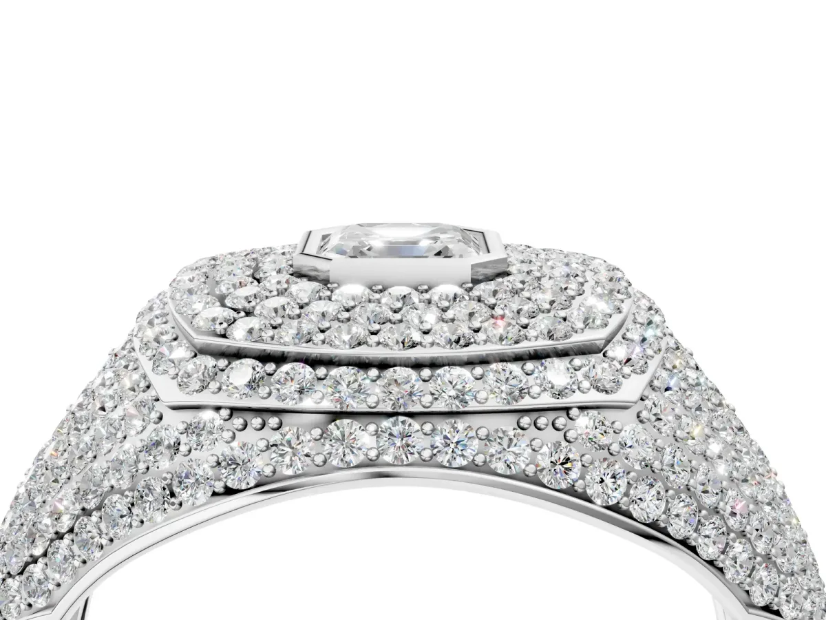 Asscher Cut Diamond Bezel Set Pavé Dome Mens Ring Silver