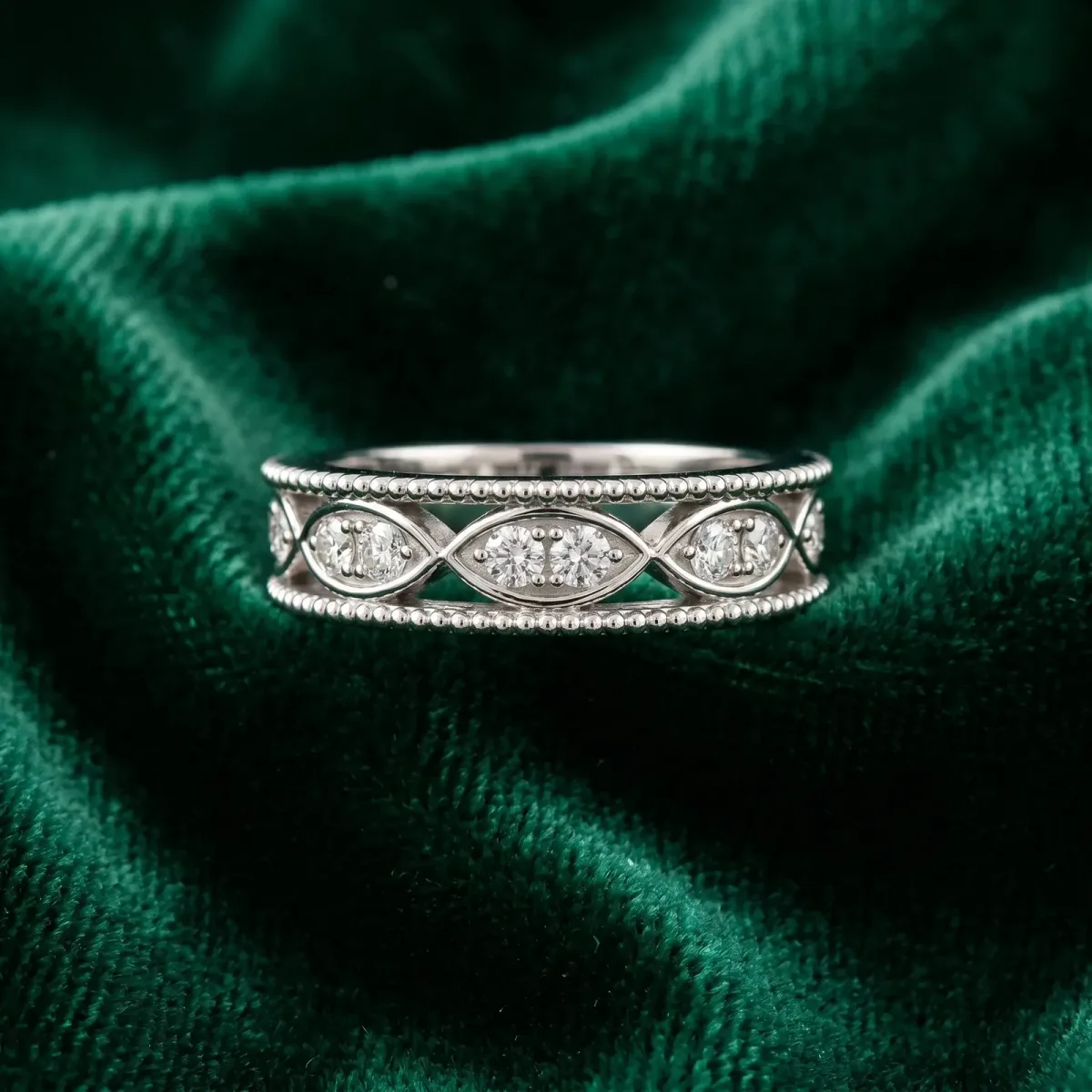 Round Diamond Marquise Milgrain Two-Tone Prong Set Band Platinum