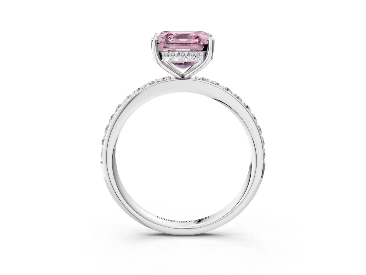 Fancy Pink Asscher Cut Cut Diamond Pavé Band Ring with Four-Prong Setting Platinum