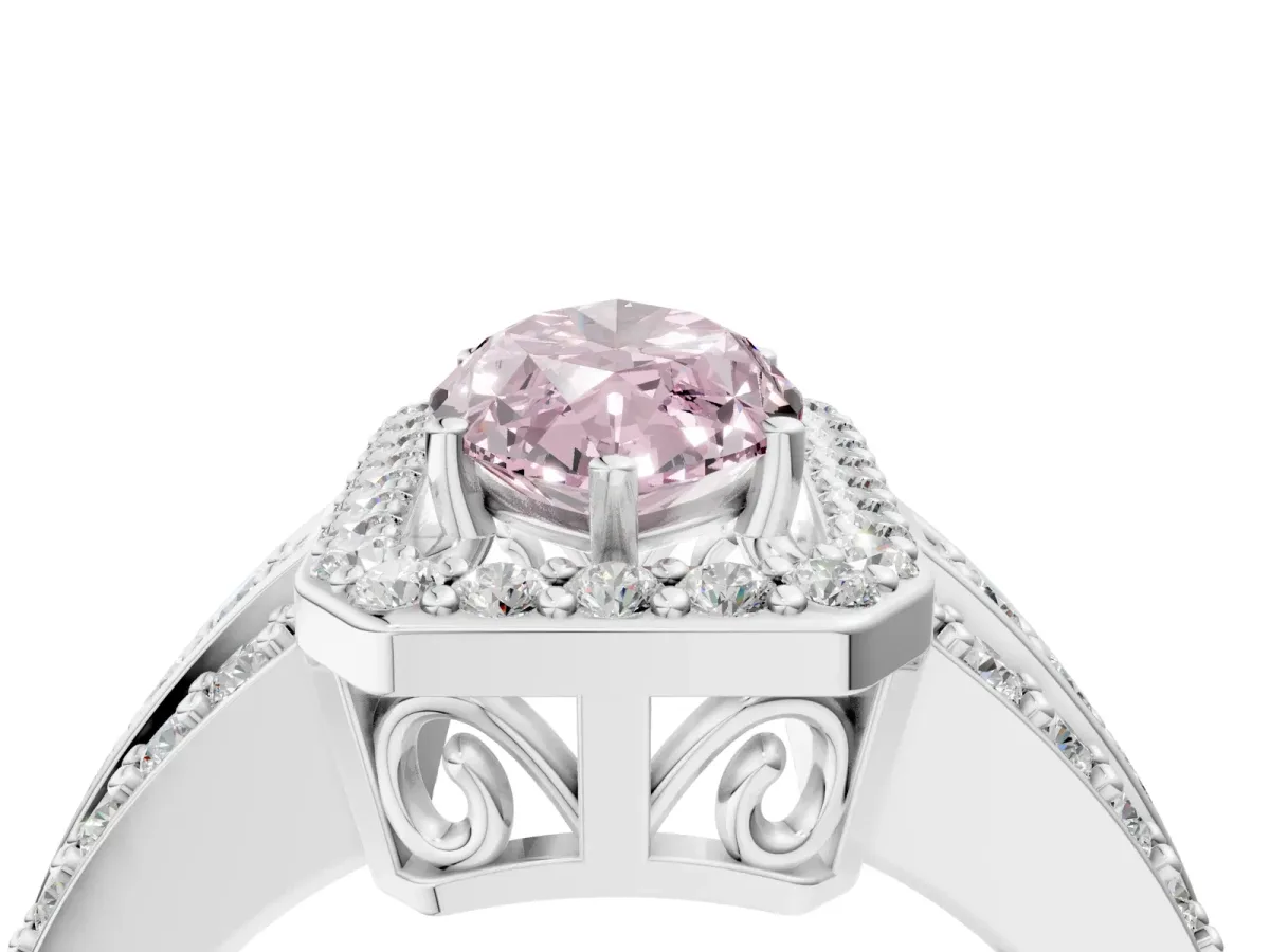 Fancy Pink Marquise Cut Halo Diamond Ring with Round Split Shank and Prong Setting Silver