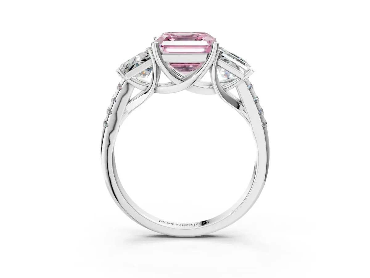 Fancy Pink Three-Stone Asscher Cut Diamond Ring with Round Pavé Band and Prong Setting Silver