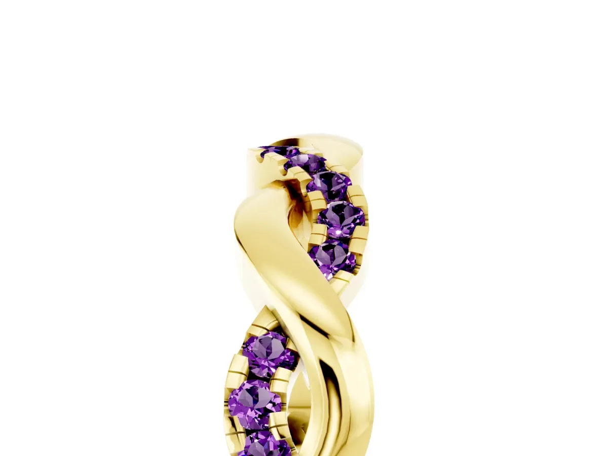Pavé Round Amethyst Twist Eternity Band with Shared Prong Setting Yellow gold