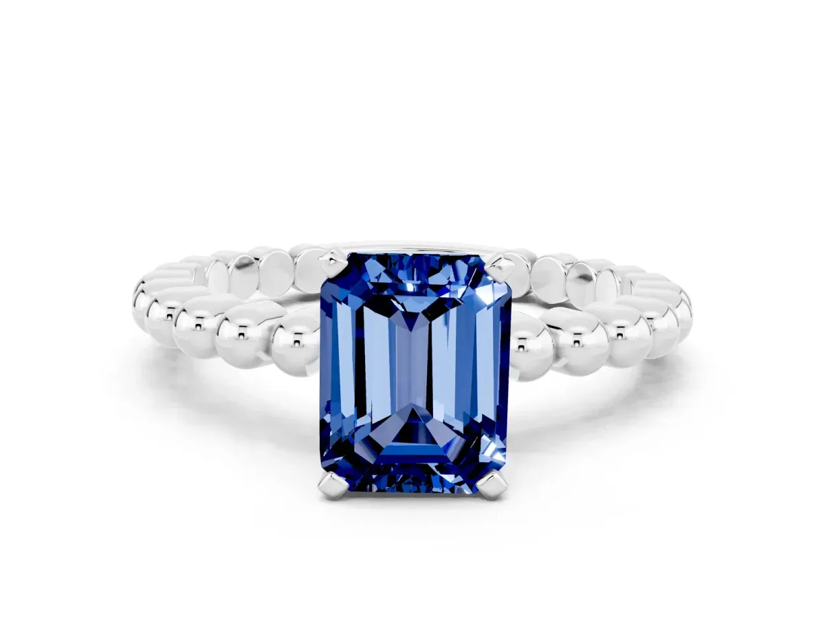 Emerald Cut Blue Sapphire Solitaire Ring with Beaded Band and Prong Setting Silver