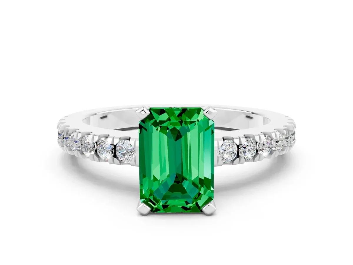 Emerald Cut Solitaire Emerald with Pavé Band and Four-Prong Setting White gold