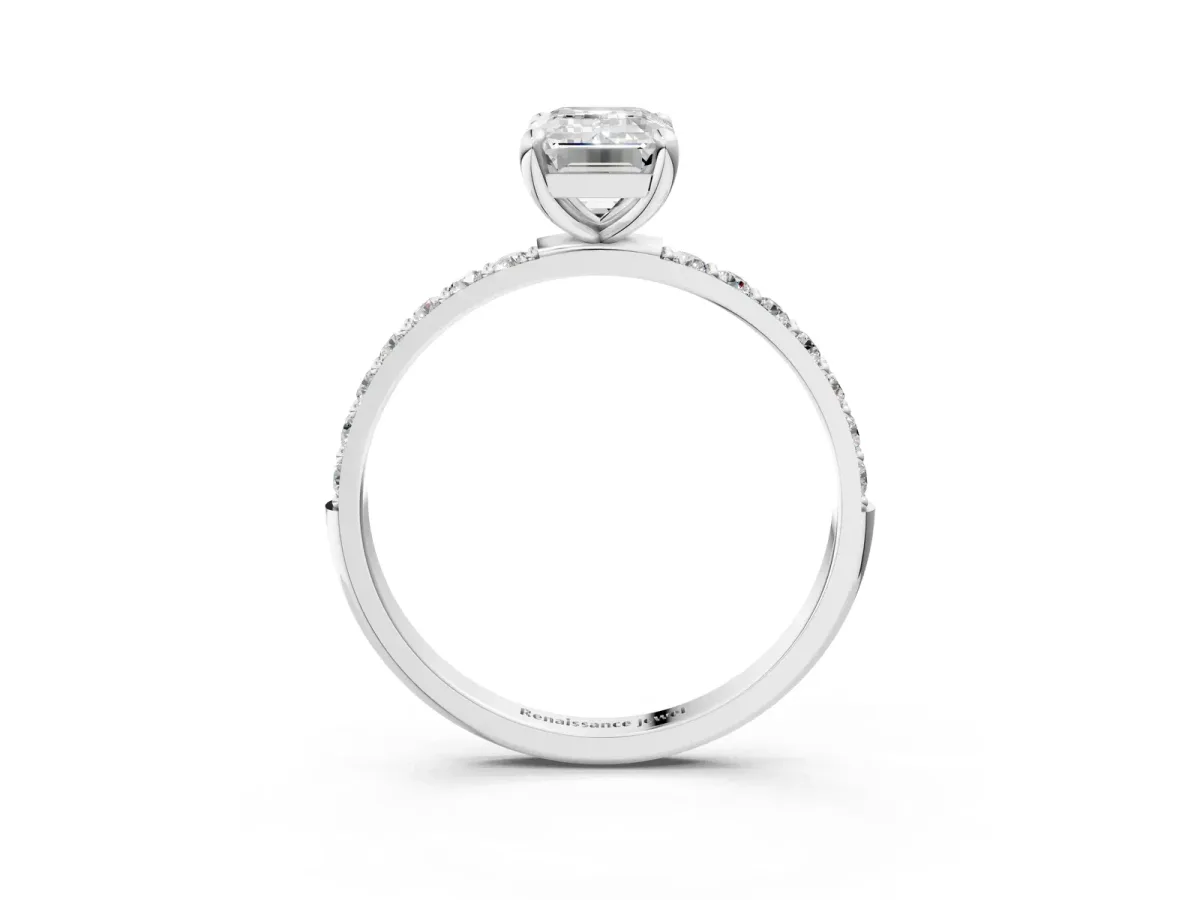 Emerald Cut Diamond Solitaire Ring with Round Pavé Band and Prong Setting Platinum