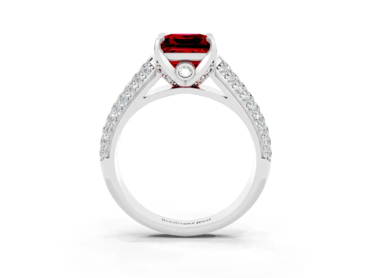 Princess Cut Ruby Solitaire Ring with Three-Row Pavé Band and Four-Prong Setting Platinum