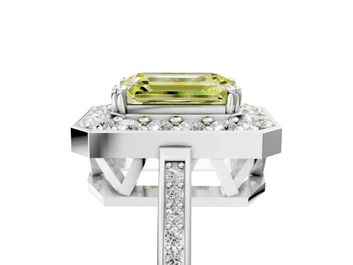 Fancy Yellow Emerald Cut Diamond Halo Ring with Split Shank and Four-Prong Setting White gold
