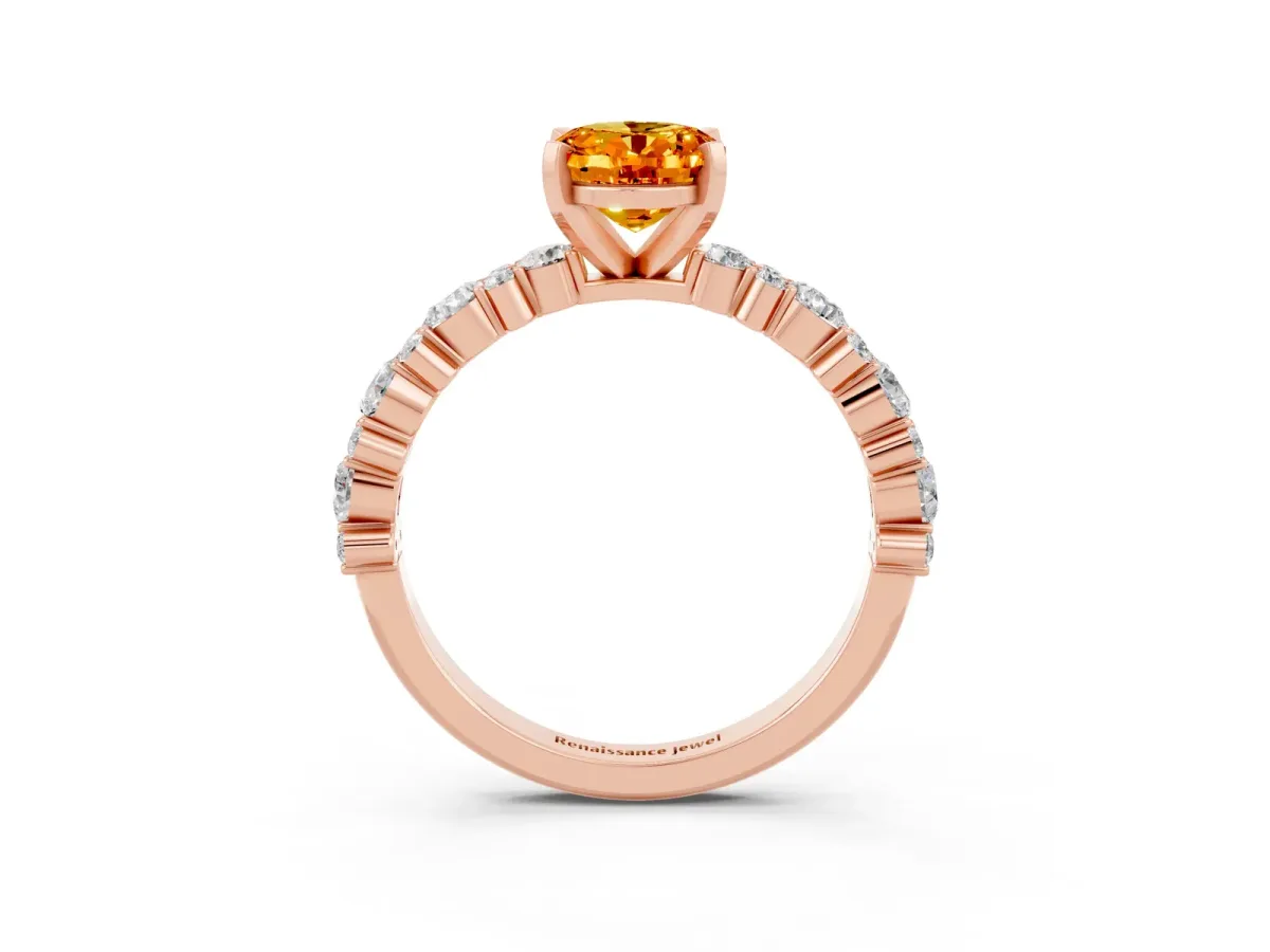 Oval Cut Citrine Side Stone Solitaire Ring with Round and Four-Prong Setting Rose gold