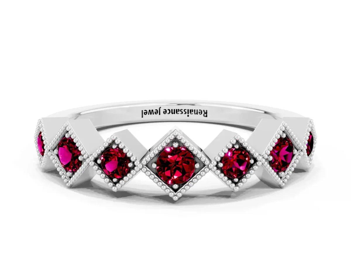 Milgrain Square Bezel Round Garnet Chevron Band Silver