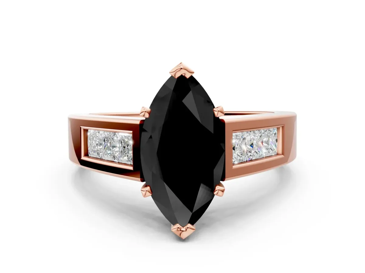 Fancy Black Marquise Cut Cut Channel Set Solitaire Ring with Four-Prong Setting Rose gold