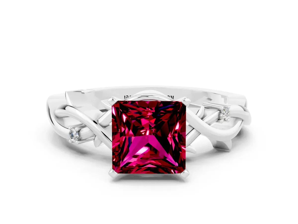Princess Cut Garnet Solitaire Ring with Twisted Band and Prong Setting White gold