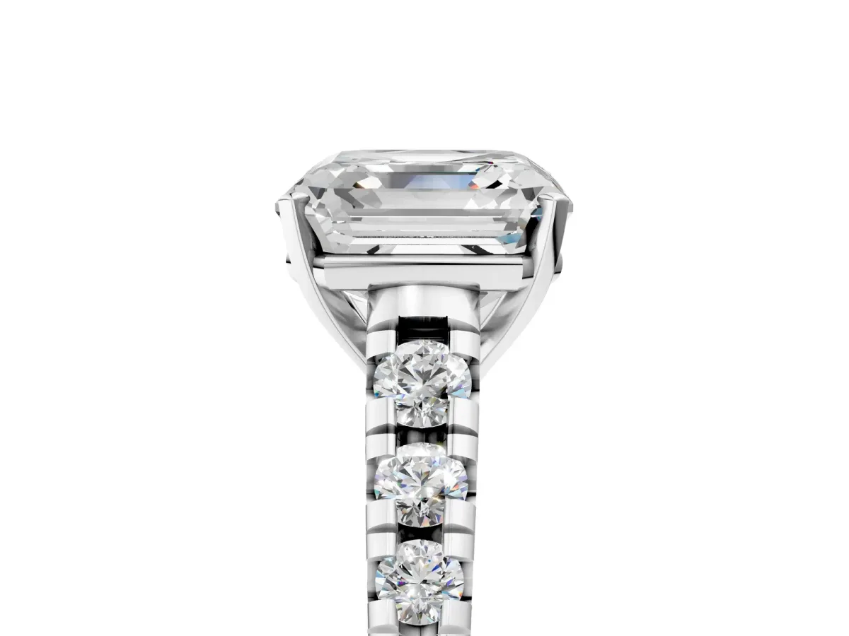 Asscher Cut Diamond Cathedral Solitaire Ring with Round Pavé Band Silver
