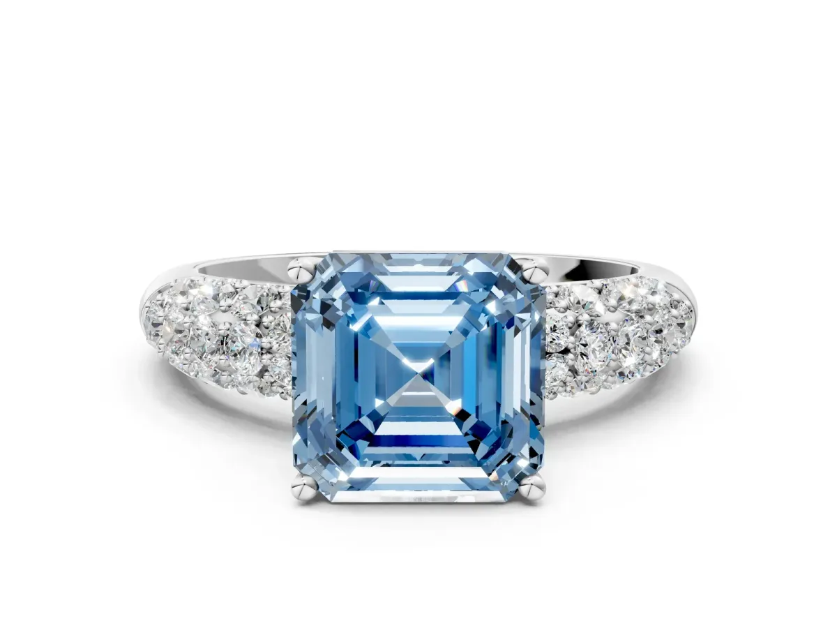 Fancy Blue Asscher Cut Diamond Pavé Band Solitaire Ring with Four-Prong Setting Platinum