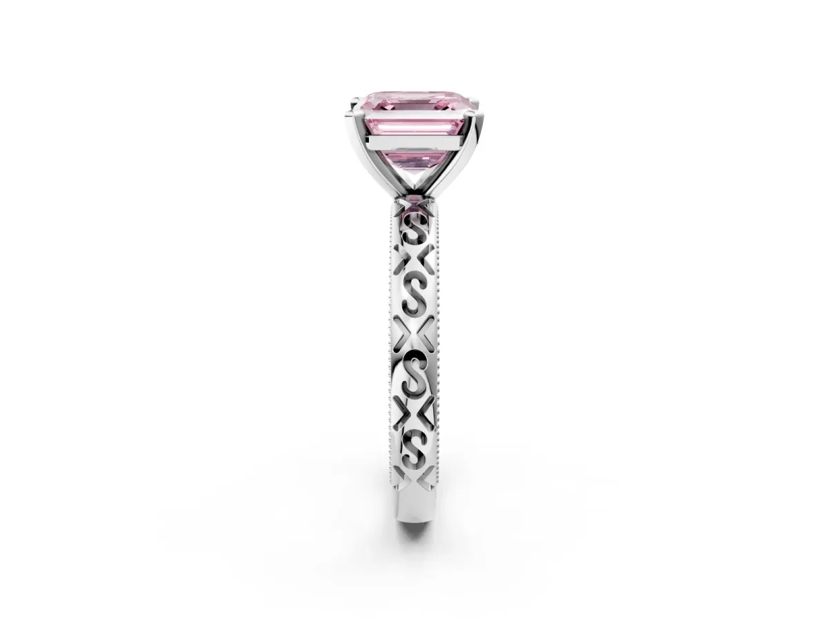 Fancy Pink Asscher Cut Solitaire Engagement Ring with Scrollwork Band and Four-Prong Setting Platinum