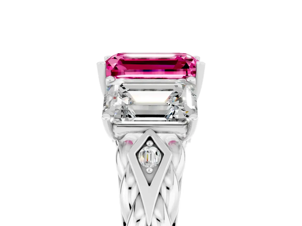 Three-Stone Emerald Cut Pink Sapphire Braided Band Ring with Four-Prong Setting Silver