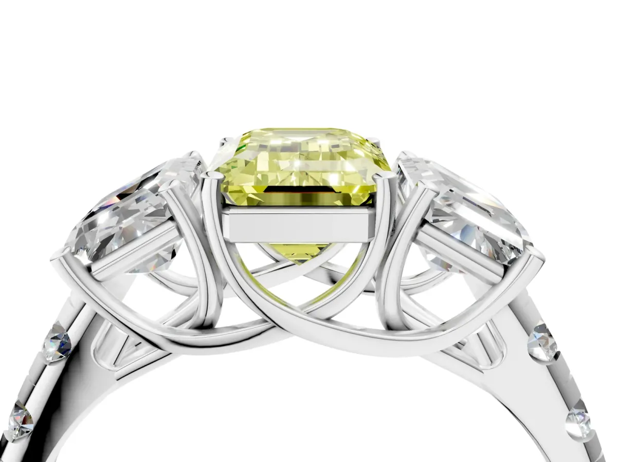 Fancy Yellow Three-Stone Emerald Cut Diamond Pavé Band with Prong Setting Platinum
